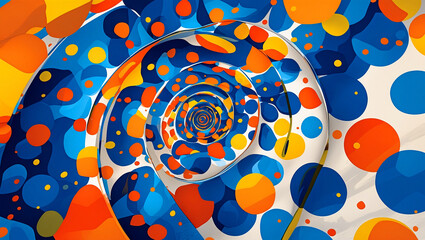 Fototapeta premium Vibrant circular spiral design of blue orange and yellow dots
