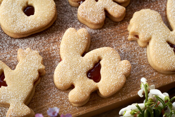 Homemade Linzer cookies in the shape of Easter animals