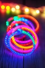 Fototapeta premium Colorful LED Bracelets on Wooden Surface