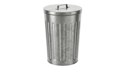 Isolated Silver Metal Trash Can with Lid for Waste Disposal