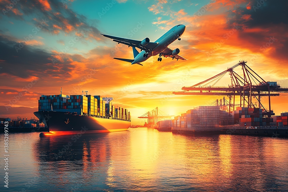 Poster aerial view of a majestic sunset with a plane flying over a cargo ship in a busy port : generative a