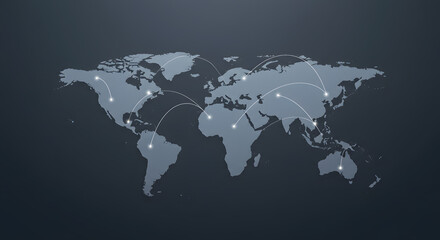 Obraz premium Global Network: Stylized World Map with Connected Dots on Dark Gray Background
