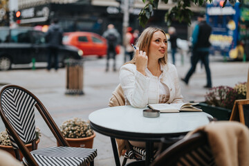 A young woman sits at a charming outdoor cafe table with a notebook and pen, seemingly enjoying a moment of reflection. The lively urban street environment provides a dynamic background.