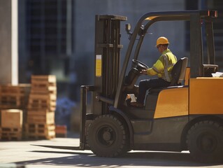 A construction worker guiding a forklift at a job site. Featuring coordination and focus