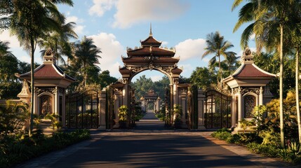 Fototapeta premium Tropical resort entrance, arched gate, palm trees, driveway, lush landscape, tourism brochure