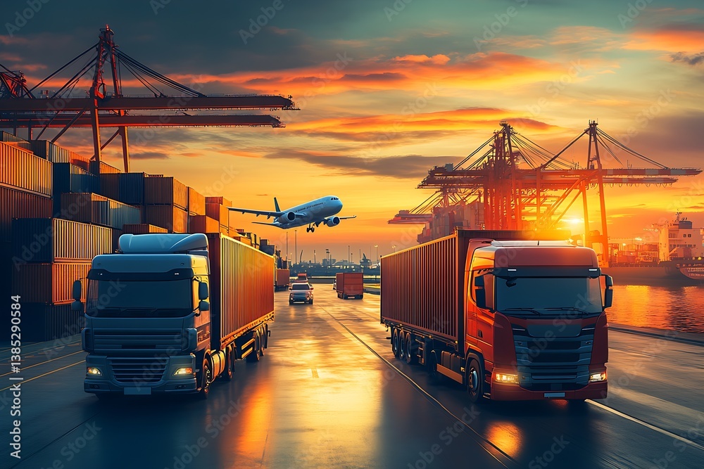 Poster dynamic logistics scene with trucks and cargo at sunset with airplane taking off from airport : gene