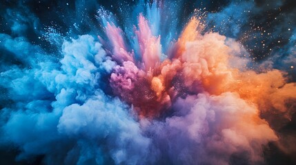 Explosion of color powder on dark background, dynamic motion effect. Vibrant hues of blue, orange, and purple blend in freeze cloud. Stop motion effect.