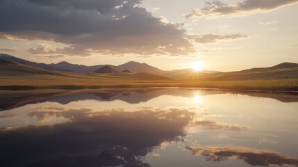Obraz premium Serene sunset reflecting on calm lake, mountains.