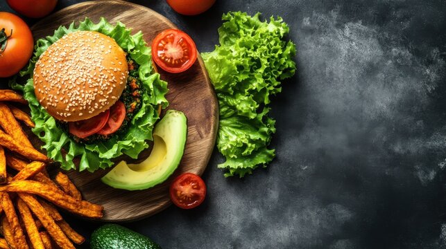 A homemade veggie burger with avocado, lettuce, and tomato. Featuring freshness and satisfaction