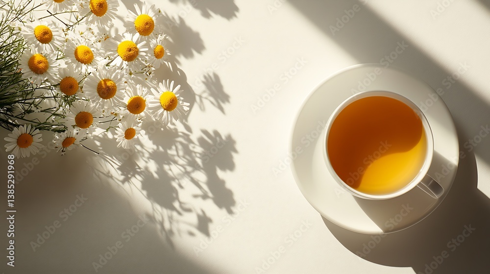 Poster beautifully arranged tea cup beside fresh daisies on a soft background creating a serene atmosphere 