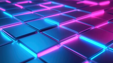 Abstract grid pattern of overlapping rectangles with vibrant blue and pink neon glow effect