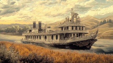 Obraz premium Derelict steamboat aground, autumn hills, sunset, decay