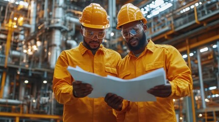 Obraz premium Industrial Teamwork: Two Engineers Reviewing Blueprints in a Refinery