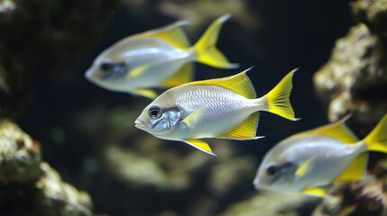 Three yellow-tailed fish swimming in an aquarium.