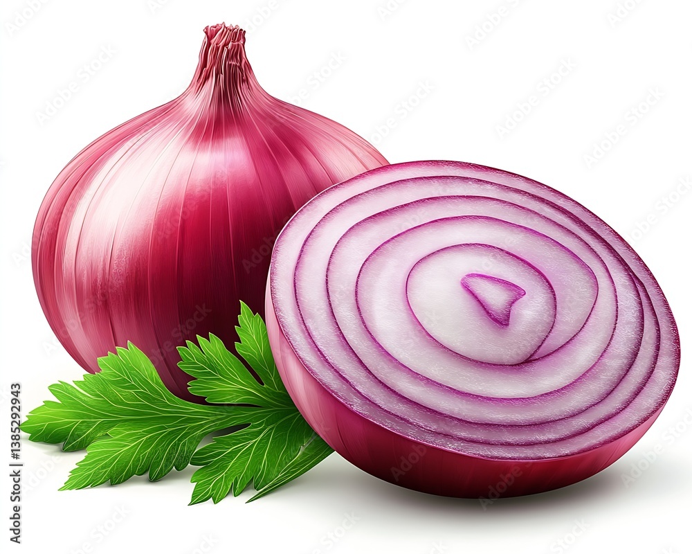 Poster freshly cut red onion with layers showing the vibrant purple color and green parsley leaves : genera