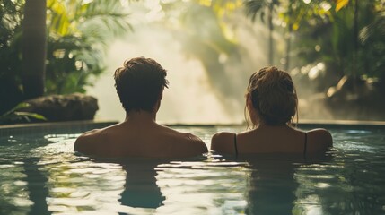 Couple relaxing in a tropical hot spring.