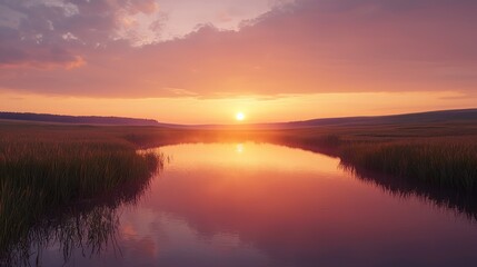 Fototapeta premium Serene sunset reflecting on calm river water in tranquil landscape.