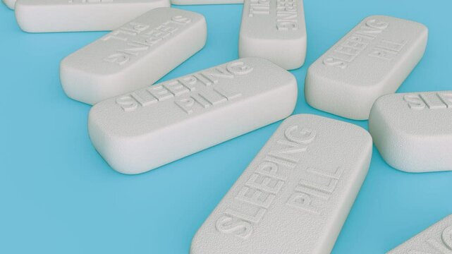 A 3d animation of oblong pills scattered on a light blue surface. Each pill has the words "SLEEPING PILL" embossed on its top surface in capital letters.