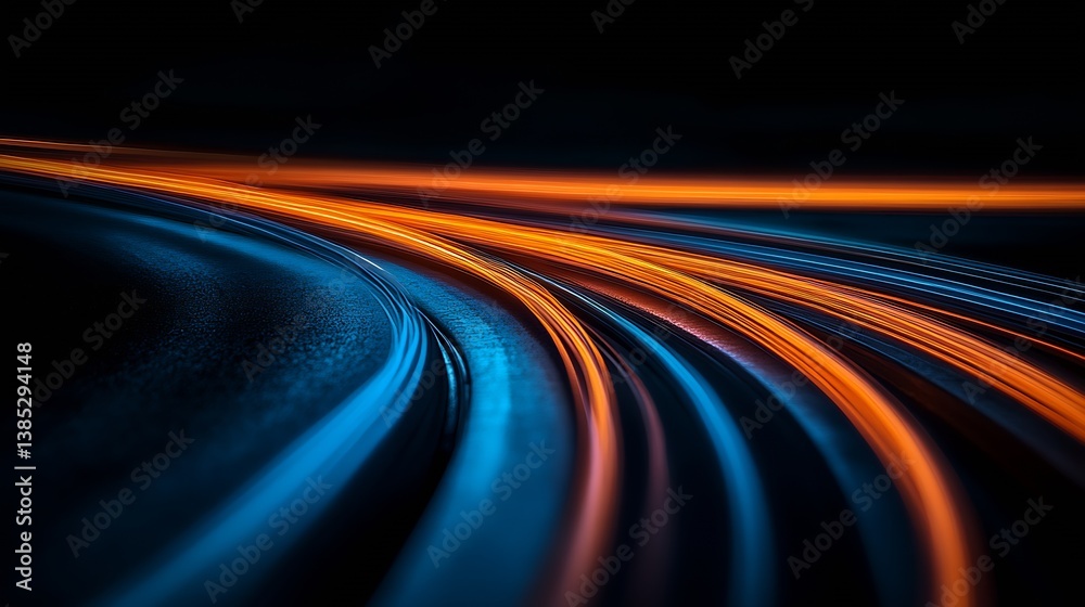Poster dynamic night light trails showcasing vibrant colors on a winding road for an artistic and modern ba