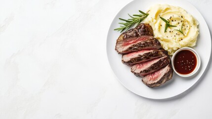 A perfectly cooked steak with mashed potatoes and grilled vegetables. Featuring indulgence and balance