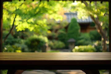 Naklejka premium A wooden table sits before a tranquil garden view