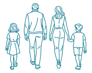 Simple Line Drawing of a Family Walking Away Holding Hands.