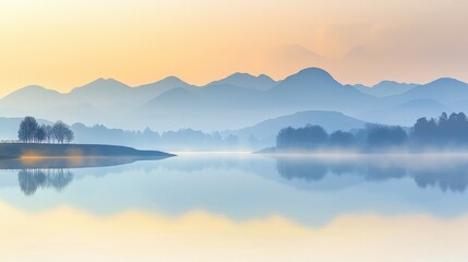 Fototapeta premium Serene misty sunrise over calm lake reflecting mountain range.