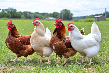 Chickens roaming freely on a sunny day at a vibrant chicken farm filled with greenery and activity