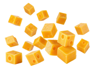 Delicious cheese cubes scattered on transparency background create vibrant and appetizing scene perfect for culinary delights