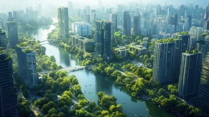 Green city, river, aerial view, sunrise, sustainable urban design