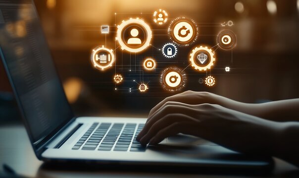 Close-up view of a hand typing on a laptop with digital icons representing technology and modern communication : Generative AI