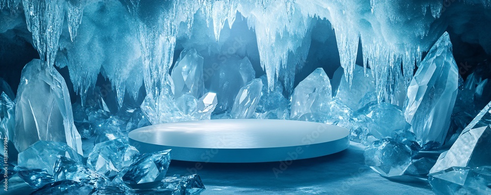 Leinwandbilder empty podium for product presentation placed on ice surface in a crystal ice cave with ice stalactit