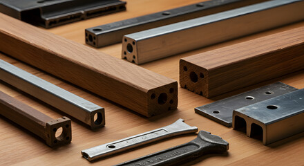Metal and Wood Components: Rectangular Tubes and Plates on Wood Surface, Construction Elements.