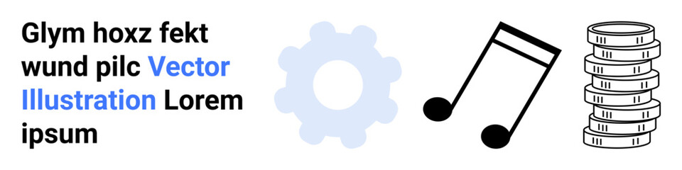 Bold blue gear, black music note, and coin stack symbolizing innovation, music, economy, and collaboration. Ideal for industry, creativity, technology music economics education simple landing