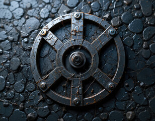 Naklejka premium Industrial Metal Valve Wheel on Cracked Surface Close-up Texture