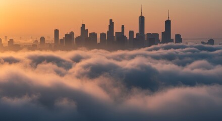 Fototapeta premium Skyscrapers rise above a sea of clouds, illuminated by the warm hues of sunrise