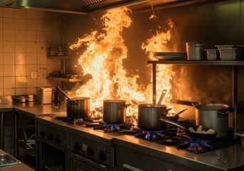 Kitchen Fire Flames Engulfing Stovetop with Pots, Commercial Kitchen Accident Disaster.