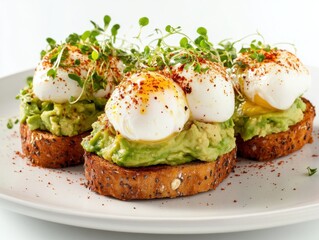 A plate of avocado toast topped with poached eggs and microgreens. Featuring health and elegance