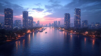 Fototapeta premium Cityscape twilight river sunset aerial view, urban waterfront, boats, buildings