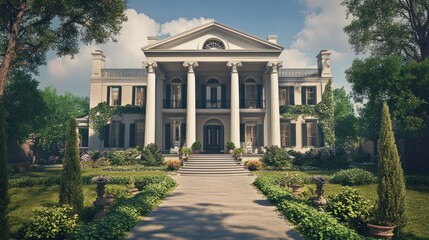 Fototapeta premium Grand Southern Mansion, lush gardens, sunny day, real estate