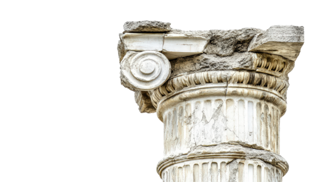 A broken ancient Greek column with weathered edges and cracks, showcasing its historical and rustic charm,