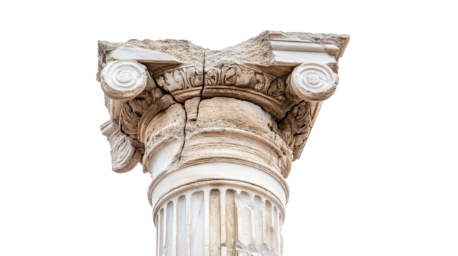 A broken ancient Greek column with weathered edges and cracks, showcasing its historical and rustic charm,