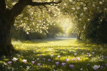 A vibrant sunlit meadow surrounded by trees and blooming wildflowers