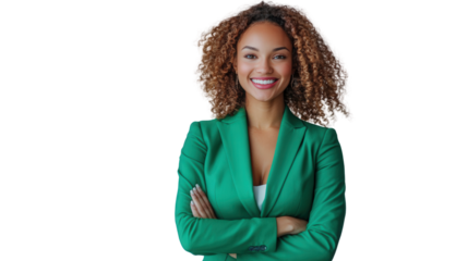 A businesswoman in a green suit, smiling with confidence, , demonstrating professionalism and a positive attitude.