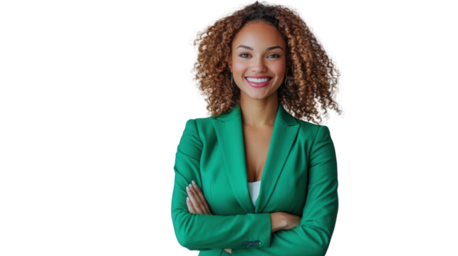 A businesswoman in a green suit, smiling with confidence, , demonstrating professionalism and a positive attitude.