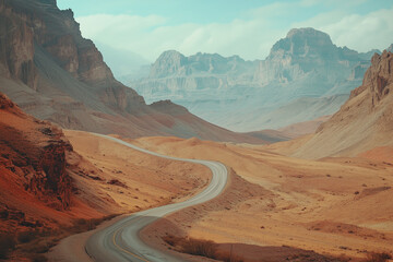 Naklejka premium Empty road winding through desert landscape reflected in stock photo