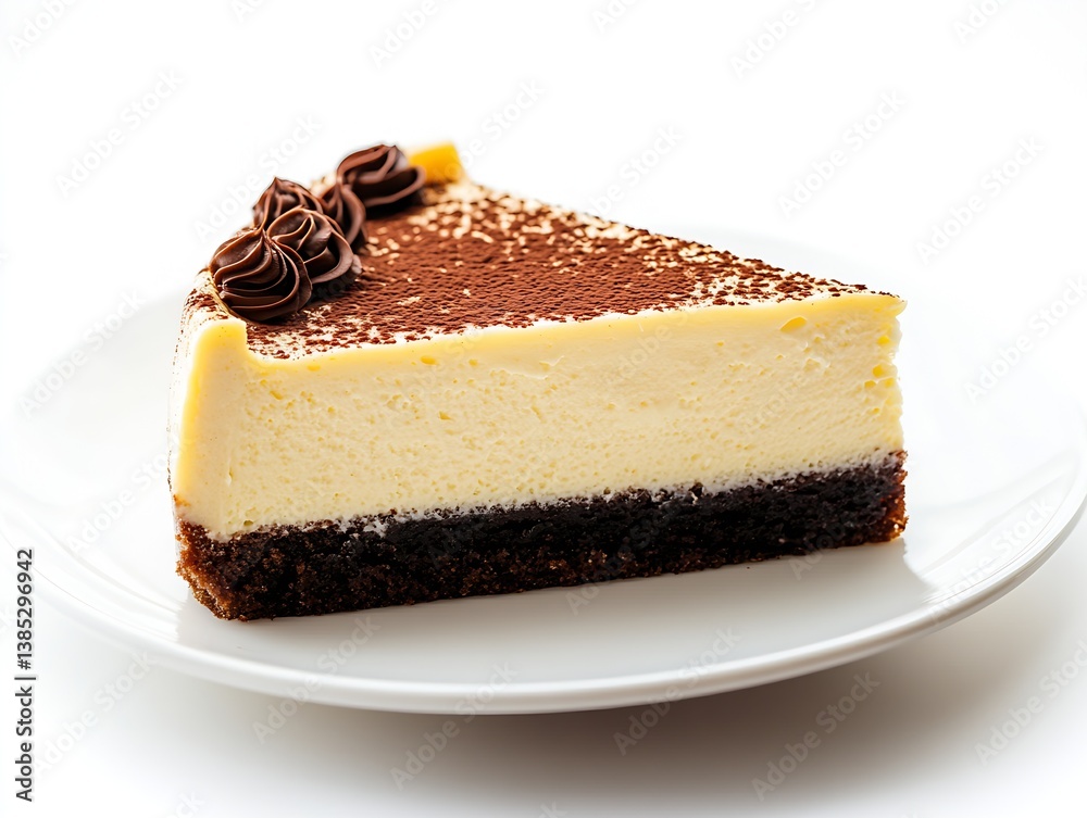 Poster delicious slice of creamy cheesecake with chocolate decorations on a white plate captured in soft li