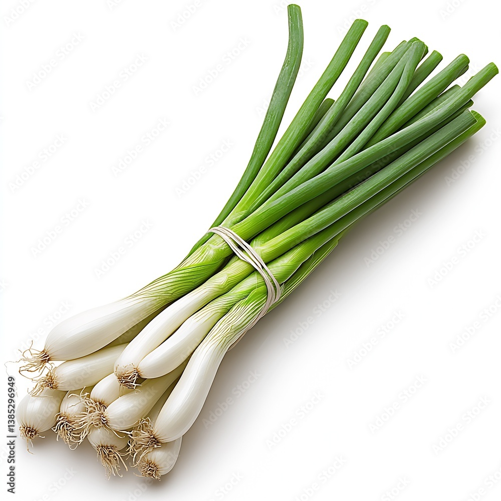 Poster fresh green onions bunch with long stalks and white bulbs ready for culinary use in meals or salad :