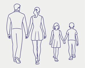 Simple Line Drawing of a Family Walking Away Holding Hands.
