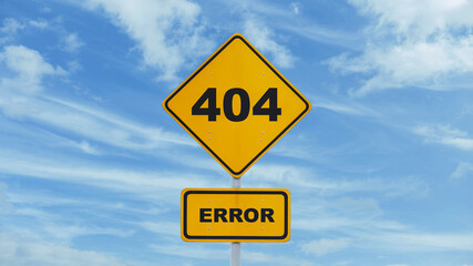 Attention error 404, concept. Yellow sign 404 on blue sky with clouds. Error accessing the site. Web